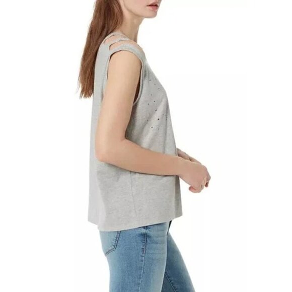 NWT Frayed Jeans Size L Sleeveless Distressed Tank Tee in Heather Grey MSRP $39 - Picture 2 of 11